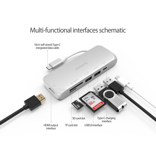 Orico Multifunctionele aluminium USB3.0 Type-C hub - Power Delivery - 4K HDMI - 2 x USB3.0 Type-A  - SD/TF kaartlezer - zilver
