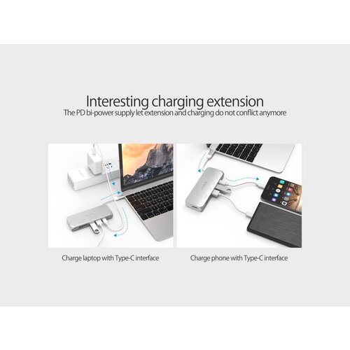Orico Hub multifonctionnel USB3.0 Type-C en aluminium - Alimentation - 4K HDMI - 2 x USB3.0 Type-A - Lecteur de carte SD / TF - argent