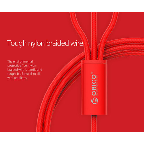 Orico Nylon gevlochten 3-in-1 laadkabel met Lightning, Micro B en Type-C interface - 3A - Vergulde connectoren - Aluminium Legering - Rood
