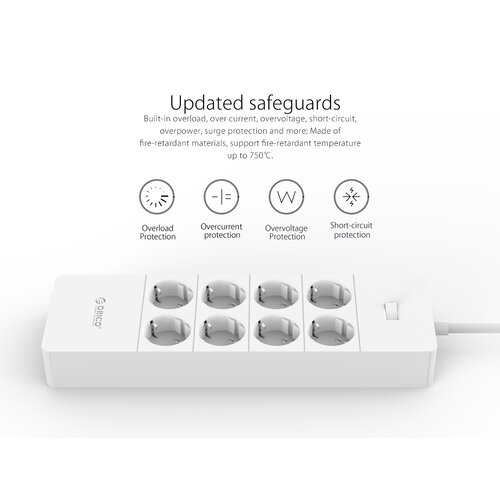 Orico power strip with eight sockets and five USB charging ports - Incl. on / off switch and over voltage protection - White