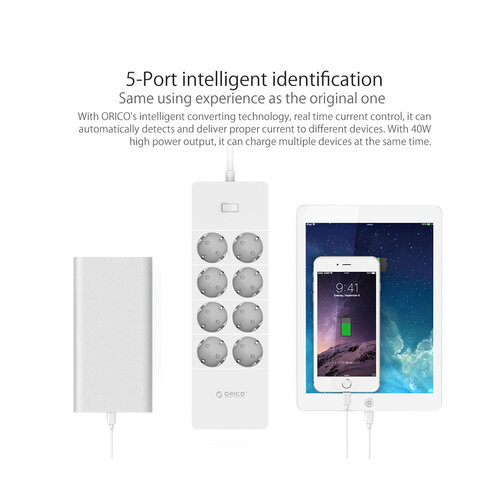 Orico power strip with eight sockets and five USB charging ports - Incl. on / off switch and over voltage protection - White