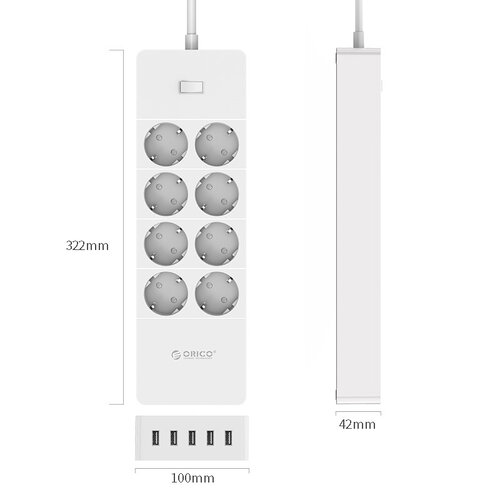 Orico power strip with eight sockets and five USB charging ports - Incl. on / off switch and over voltage protection - White