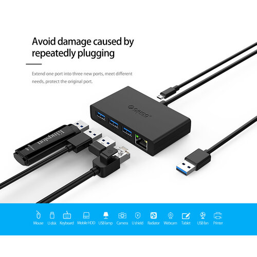 Orico Orico USB 3.0 Hub mit 3 USB-A-Anschlüssen und Gigabit-Ethernet-Anschluss