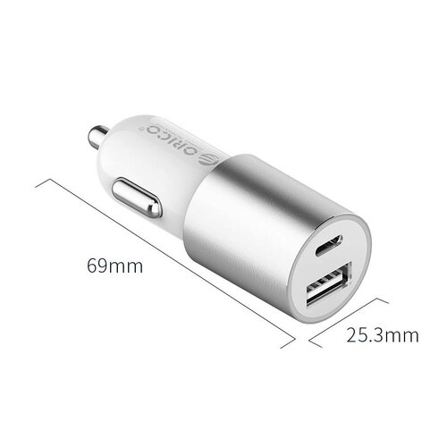 Orico Autolader met USB-C en USB-A poorten – Aluminium - 12V/24V – 5V-3.1A - Zilver