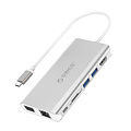 Aluminum 8-in-1 USB-C hub - USB-C, HDMI, USB 3.0, RJ45, SD card reader, Audio and VGA - Silver