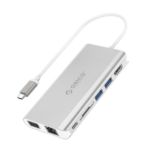 Aluminum 8-in-1 USB-C hub - USB-C, HDMI, USB 3.0, RJ45, SD card reader, Audio and VGA - Silver
