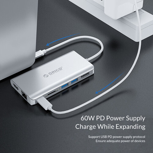 Aluminum 8-in-1 USB-C hub - USB-C, HDMI, USB 3.0, RJ45, SD card reader, Audio and VGA - Silver