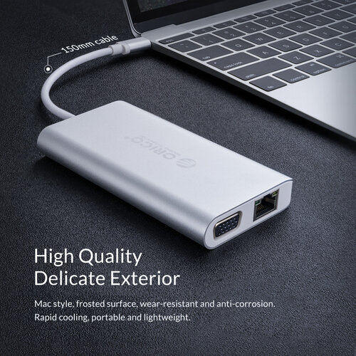 Aluminum 8-in-1 USB-C hub - USB-C, HDMI, USB 3.0, RJ45, SD card reader, Audio and VGA - Silver