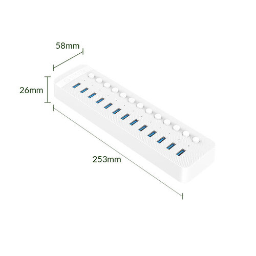 Hub USB 3.0 avec 13 ports - BC 1.2 - interrupteurs marche / arrêt - 60W - blanc