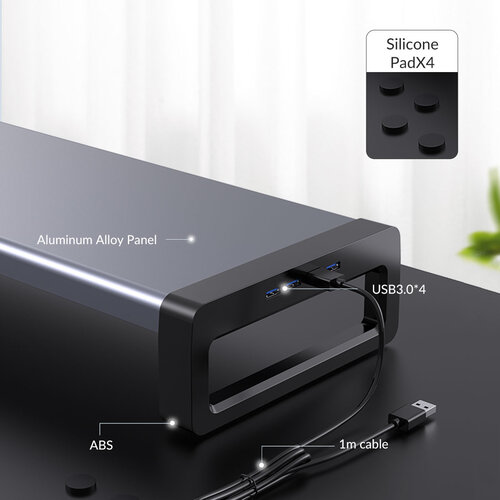 Monitor stand - With 4x USB 3.0 output - Aluminum - Gray