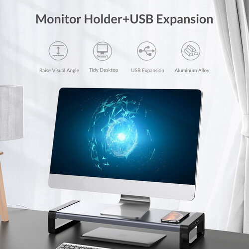 Monitor stand - With 4x USB 3.0 output - Aluminum - Gray