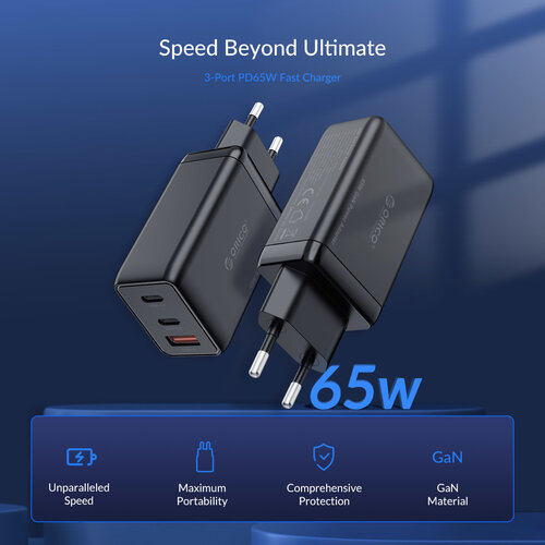 65Watt Fast charge power adapter with 2x USB-C and USB-A – GaN-Tech – Suitable for MacBook Pro