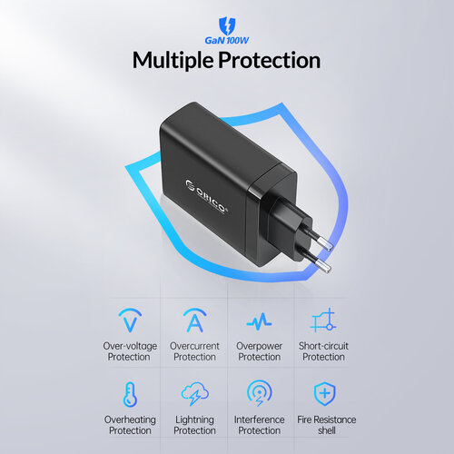 100W Fast Charge power adapter 3x USB-C and USB-A – GaN-Tech – QC4.0 – Suitable for laptops