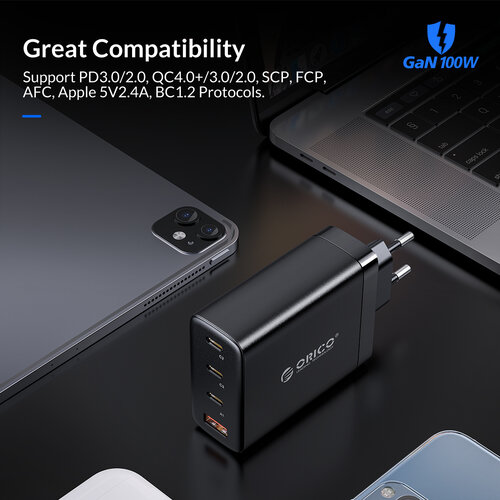 100W Fast Charge Netzteil 3x USB-C und USB-A – GaN-Tech – QC4.0 – Geeignet für Laptops