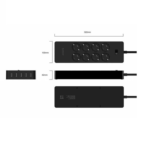 Orico power strip with eight sockets and five USB charging ports - Incl. on / off switch and over voltage protection - White - Copy