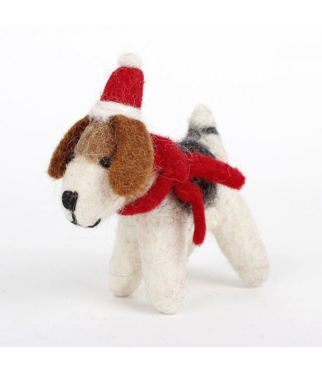 SJAAL MET VERHAAL  •• Hondje van vilt met Kerstmuts