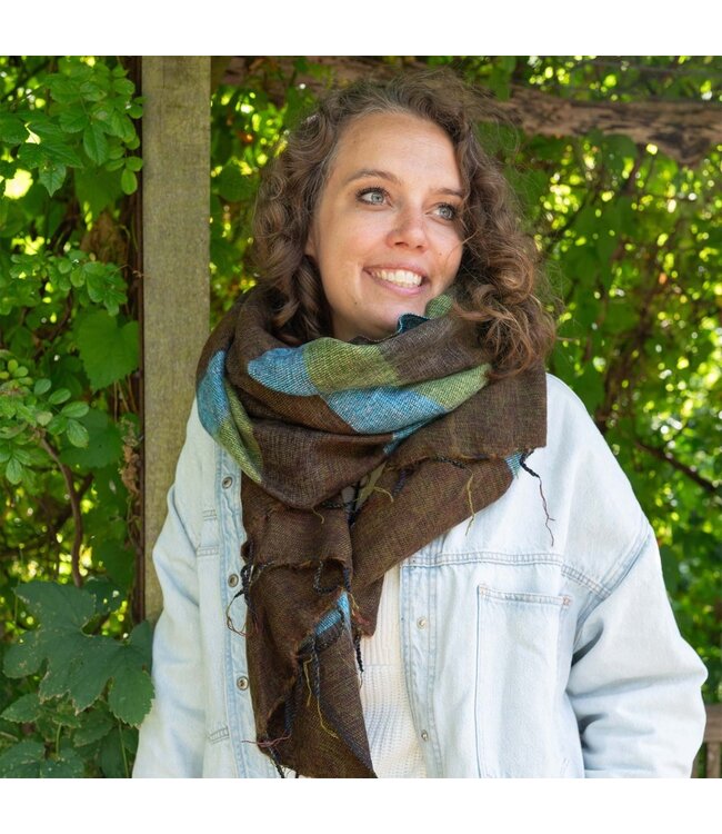 SJAAL MET VERHAAL  ••Sjaal Blauw Bruin Groen