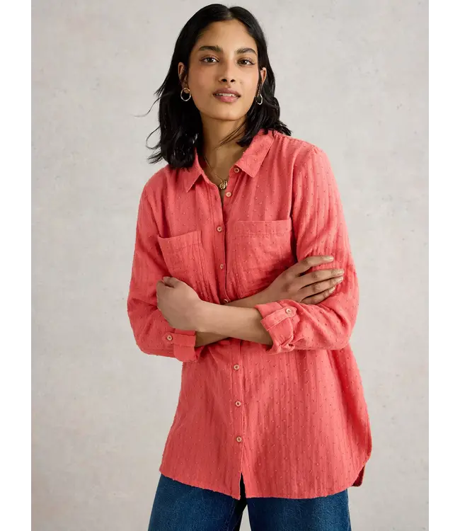 WHITE STUFF •• Sophie Collared Longline Cotton Shirt | Mid Pink