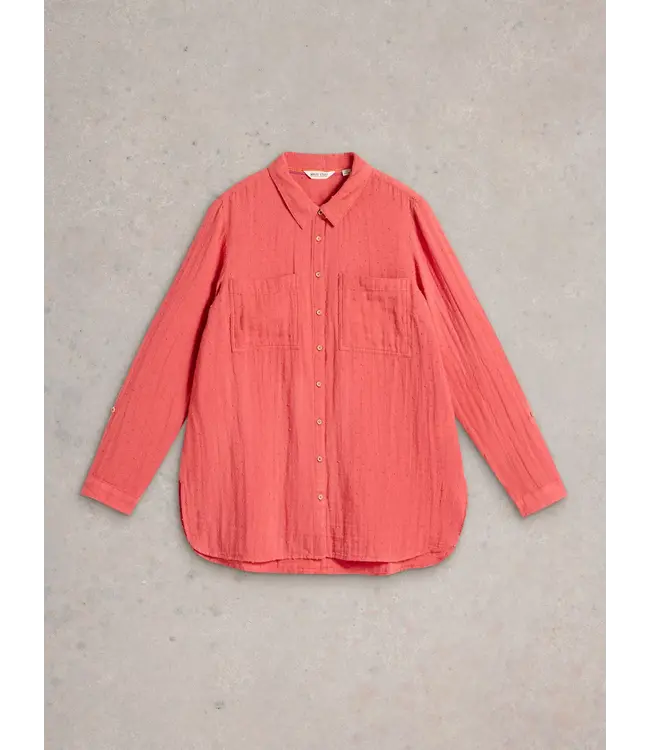 WHITE STUFF •• Sophie Collared Longline Cotton Shirt | Mid Pink