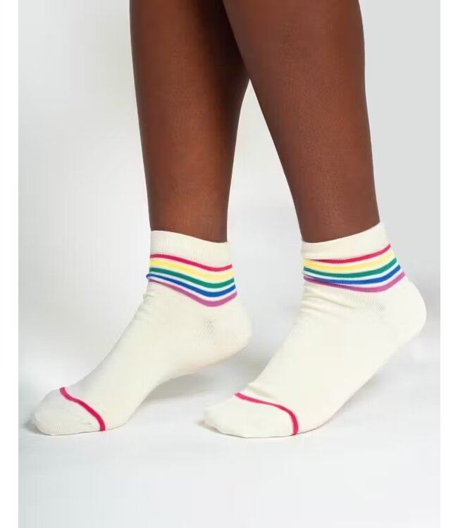 THOUGHT  •• Rainbow Stripe Tipped Short Bamboo Ankle Socks | Cream Rainbow