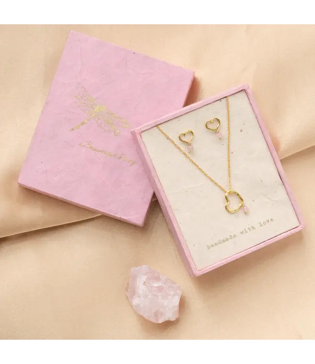 A BEAUTIFUL STORY •• Gift Set Open Heart Rose Quartz Gold Plated
