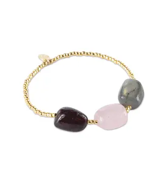 A BEAUTIFUL STORY •• Desirable Garnet Rose Quartz Labradorite Bracelet Gold Colored