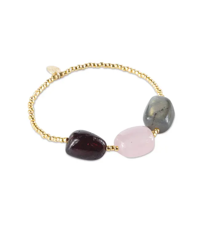 A BEAUTIFUL STORY •• Desirable Garnet Rose Quartz Labradorite Bracelet Gold Colored