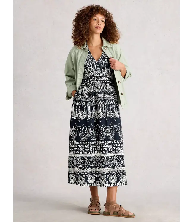 WHITE STUFF •• Lucy Short Sleeve V Neck Midi Dress | NAVY PRINT