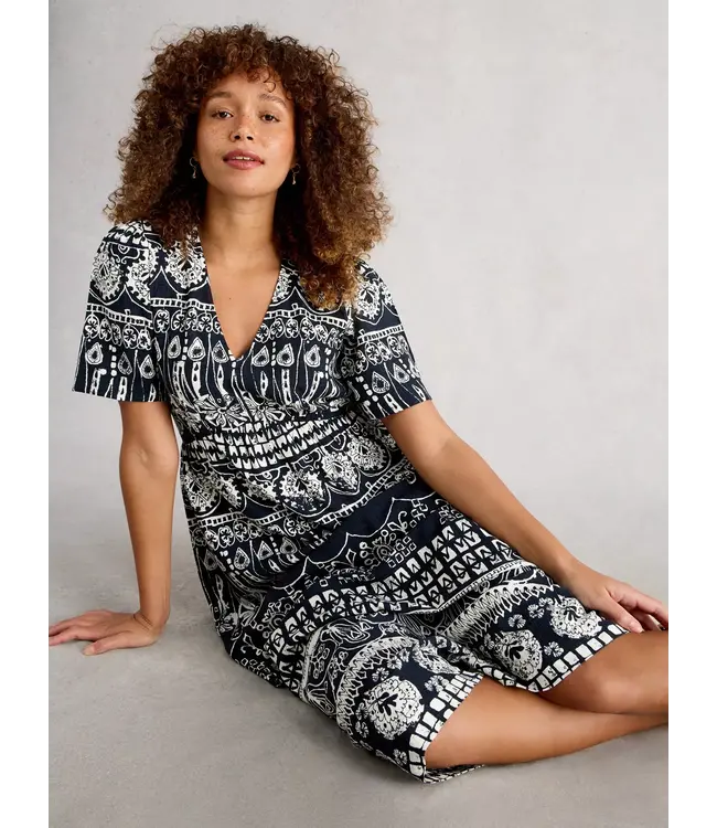 WHITE STUFF •• Lucy Short Sleeve V Neck Midi Dress | NAVY PRINT