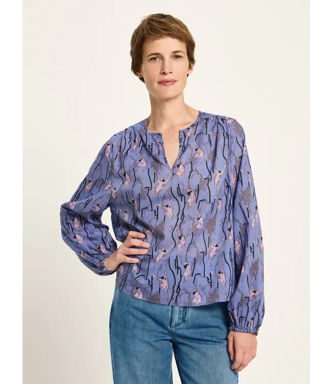 LANIUS •• Blouse With ruffle | Monkey allover blue