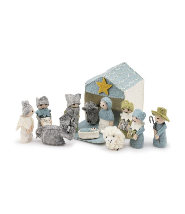 SJAAL MET VERHAAL  •• Kerststal Ijsblauw-wit