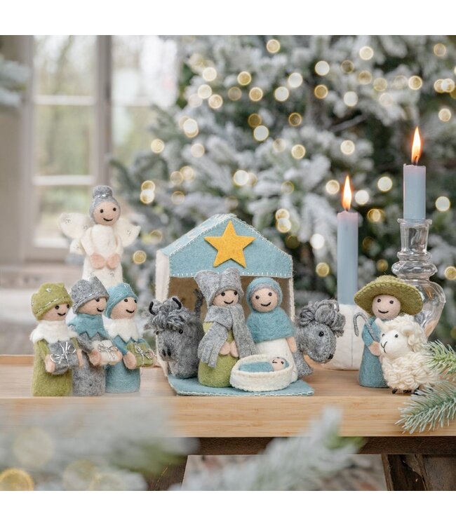 SJAAL MET VERHAAL  •• Kerststal Ijsblauw-wit