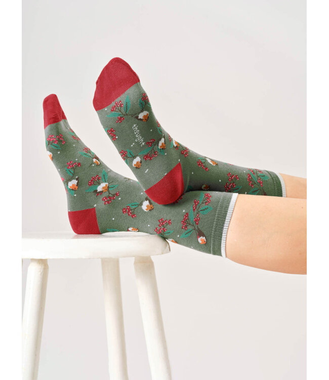 THOUGHT  •• Dames sokkenbox Christmas Tree Robin | eucalyptus green