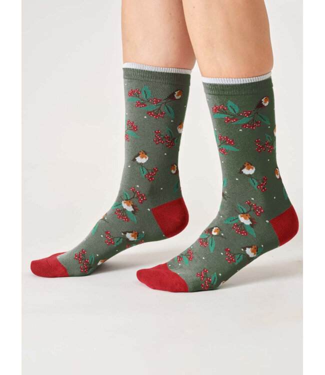 THOUGHT  •• Dames sokkenbox Christmas Tree Robin | eucalyptus green