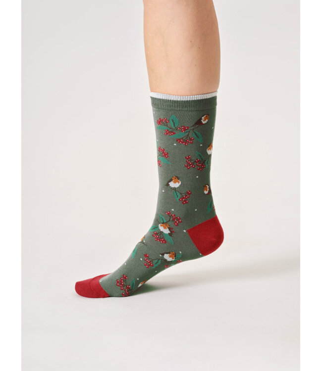THOUGHT  •• Dames sokkenbox Christmas Tree Robin | eucalyptus green