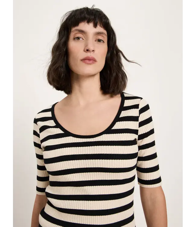 LANIUS •• Gestreept shirt met halflange mouw | Black/Creme