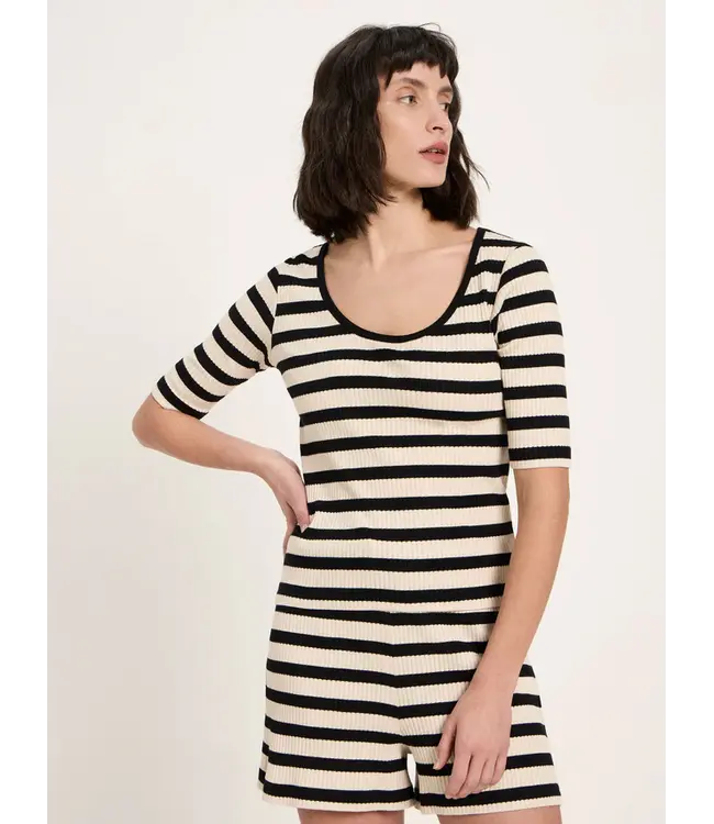LANIUS •• Half-sleeved shirt with stripes GOTS | Black/Creme