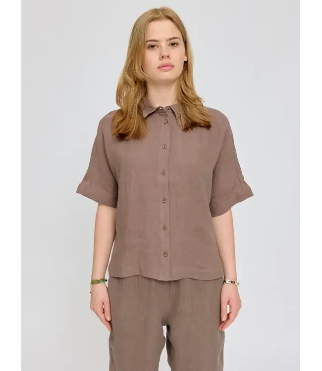 MAZINE •• Short sleeve linen shirt | Grey Brown