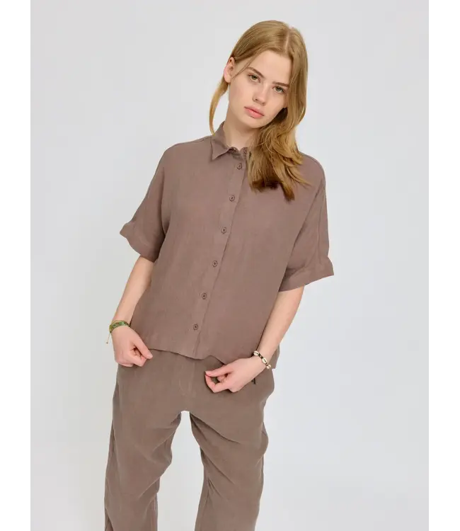 MAZINE •• Short sleeve linen shirt | Grey Brown