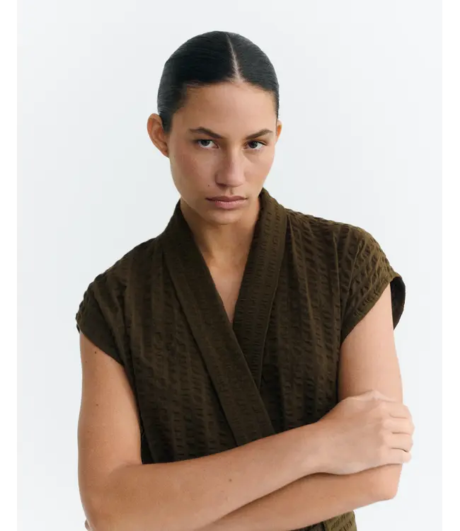 THINKING MU •• Wood Seersucker Malawi Jumpsuit | Brown