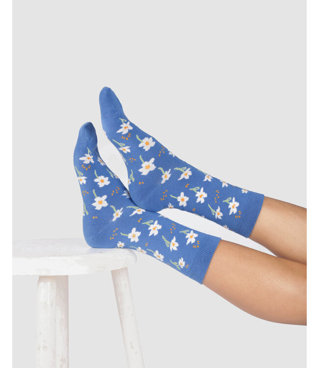 THOUGHT  •• Dames sokken Cosmos floral organic cotton crew | French blue