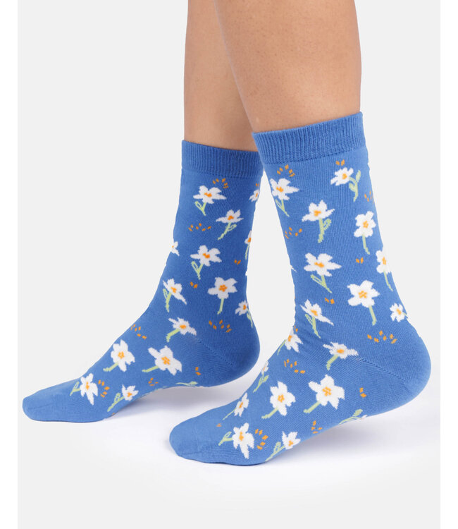THOUGHT  •• Dames sokken Cosmos floral organic cotton crew | French blue