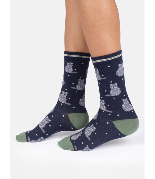 THOUGHT  •• Dames sokken Cats and dogs bamboo crew | Navy blue british shorthair cat