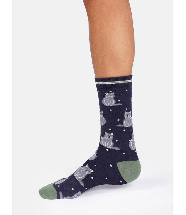 THOUGHT  •• Dames sokken Cats and dogs bamboo crew | Navy blue british shorthair cat