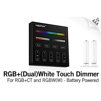 Mi·Light Zwarte MiLight RGB+ DualWhite (RGB+CT) Touch Wandbediening Opbouw, 4-zones, RF, 2xAAA