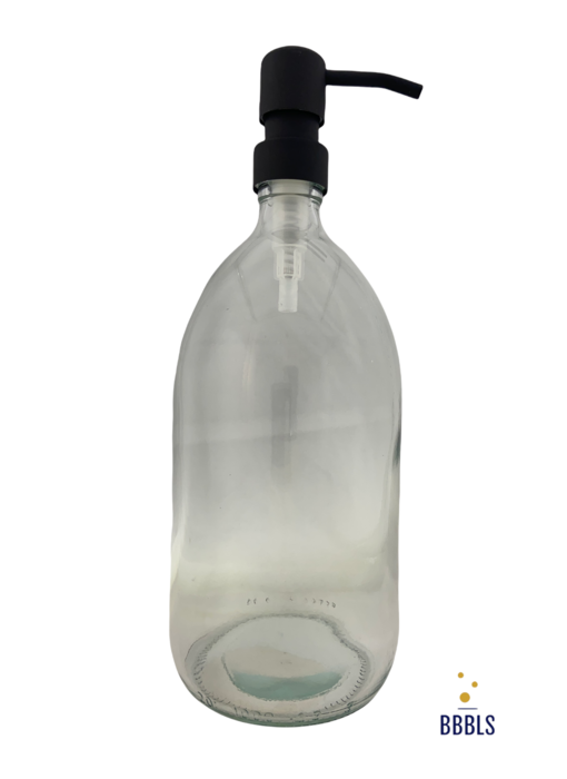 BBBLS® Zeepdispenser & Zeeppompje van transparant glas|1ltr|Zonder sticker|Mat zwart metaal pomp