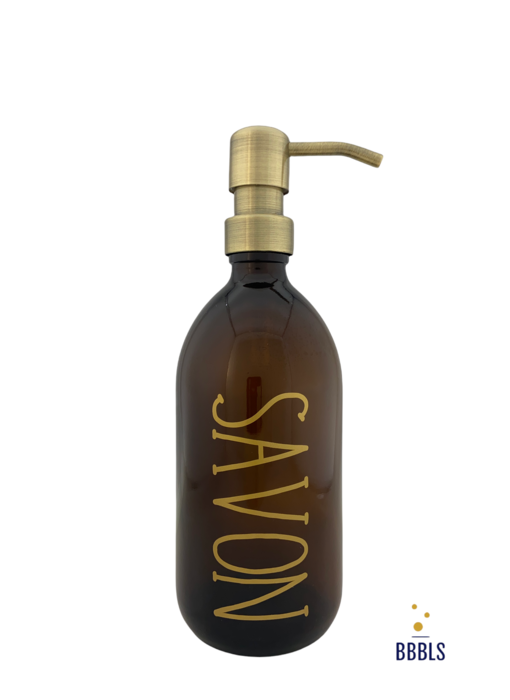 BBBLS® Savon tekst op een Zeepdispenser & Zeeppompje van amber glas|500ml|Goud|Goud metaal pomp
