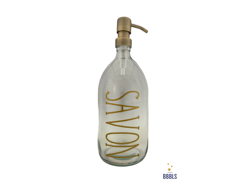 native Overblijvend Spelen met Zeepdispenser Glazen fles goud 'Savon' premium -1ltr<br /> Super fraaie  Nederlands gefabriceerde zeepdispenser / zeeppomp.<br /> Kleur fles:  transparant glas<br /> Type pompje: Goud metaal pomp<br /> Tekst: Savon<br  /> Kleur tekst: