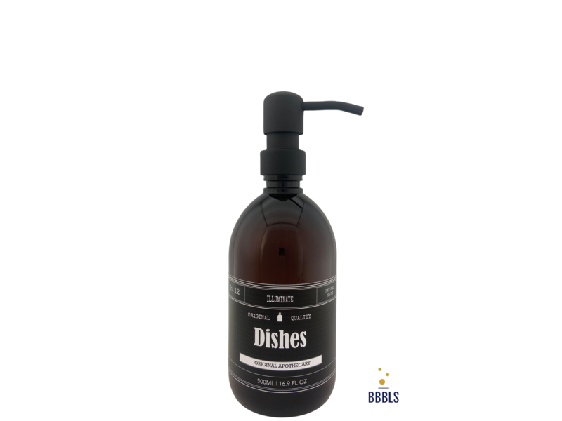 BBBLS® Bruin PET fles apotheek label 'Dishes' premium zwart-500ml