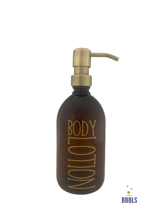 BBBLS® Bodylotion tekst op een Zeepdispenser & Zeeppompje van amber plastic|500ml|Goud|Goud metaal pomp